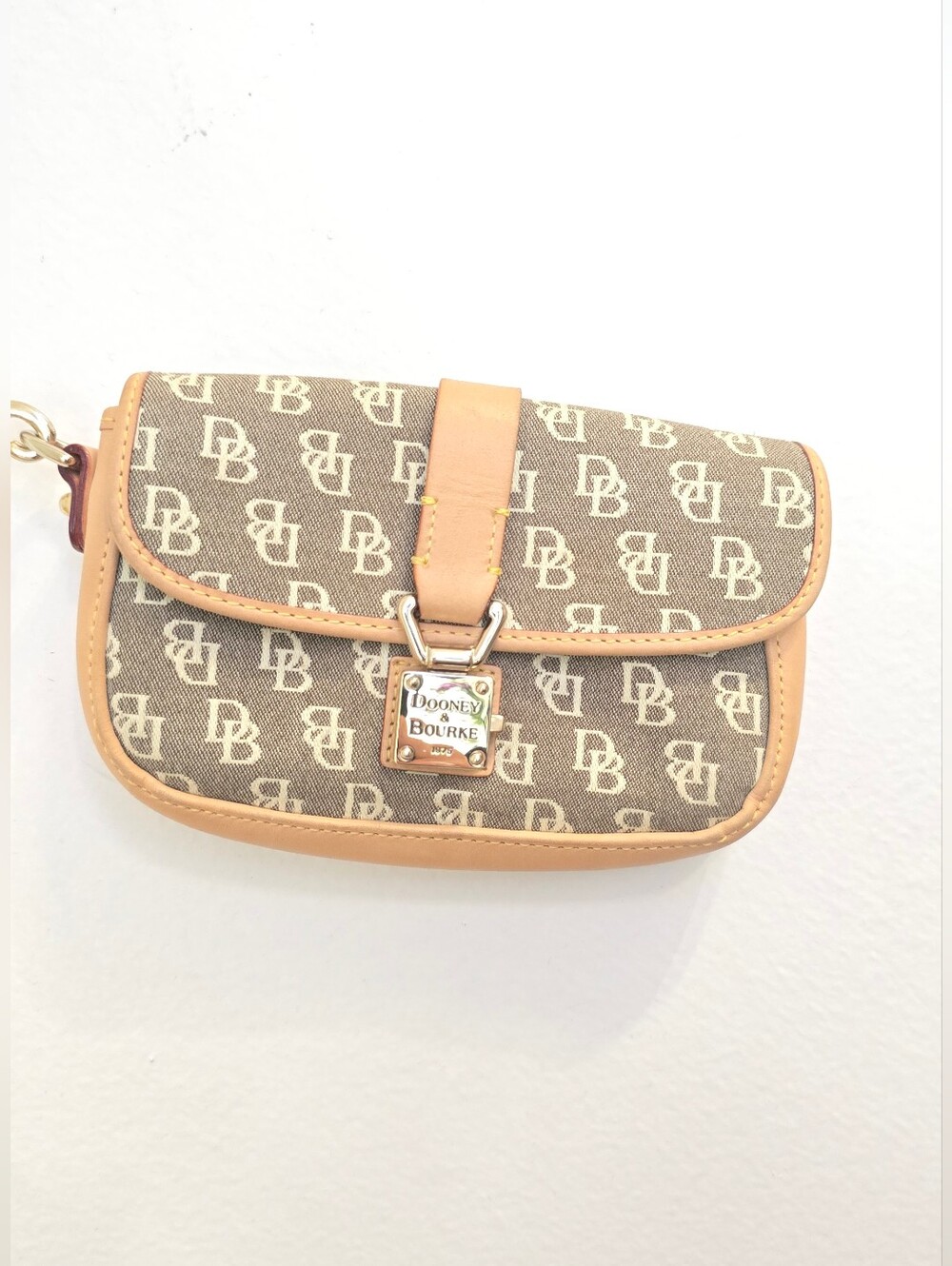 Dooney & Bourke Brown Logo Canvas Mini Wristlet with Tan Trim